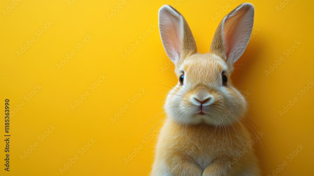 Fototapeta premium A cute rabbit with large ears against a bright yellow background.