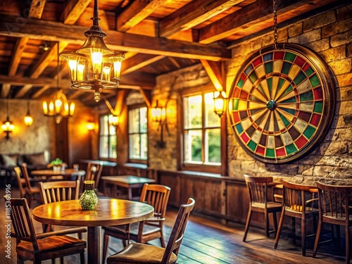 Rustic Dartboard Cozy Pub Interior Warm Lighting Wooden Decor Stock Photo photo