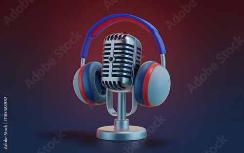 Podcasting and radio concept with microphone on table with headphones with a purple background. 