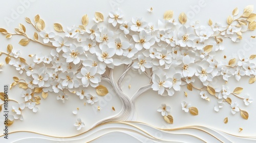 White gold floral wall art, 3D design, elegant home decor