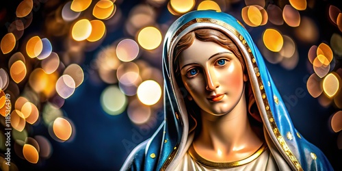 AI-created saintly bokeh portrait of Mary, black background.