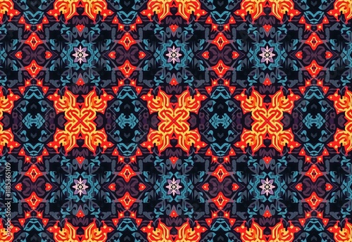 Vibrant Retrofuturism Seamless Geometric Pattern: A Bold Fusion of 80s Synthwave Aesthetics, Colorful Shapes, and Dynamic Textures for Modern Design Projects photo