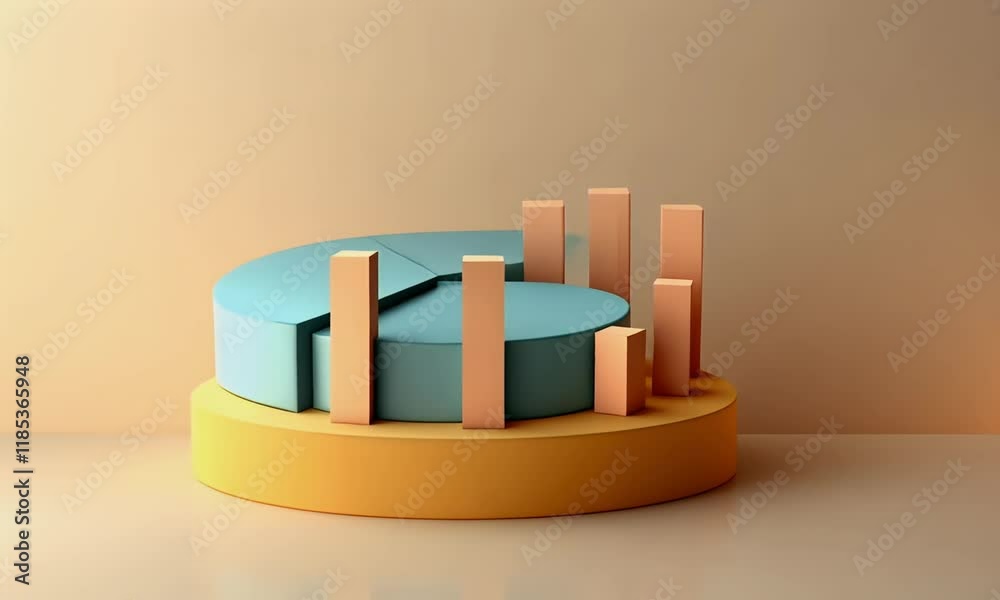 Pastel-colored 3D pie chart and bar graph on yellow platform. (1)