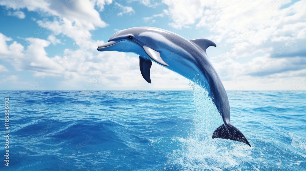 Fototapeta premium Dolphin leaping high above ocean waves under a bright blue sky.