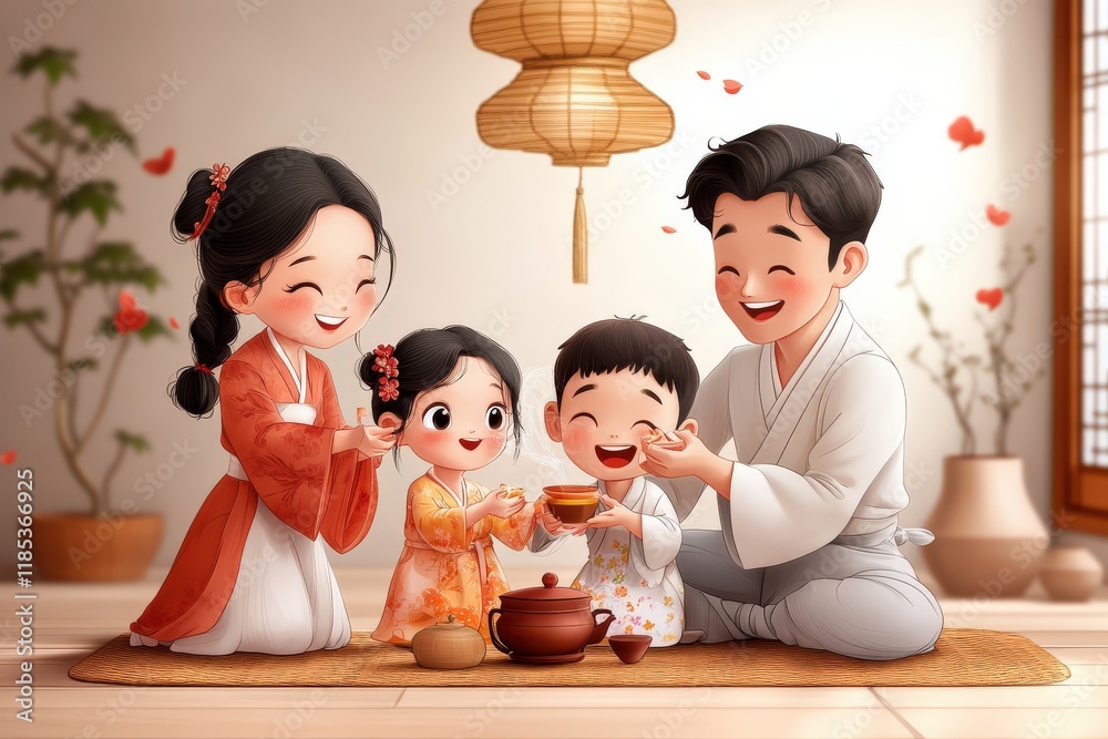Asian family enjoying tea time together in a traditional setting Asian family enjoying tea time together in a traditional setting