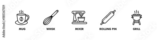 Kitchen Set banner web icon illustration concept with icon of mug, whisk, mixer, rolling pin, and grill