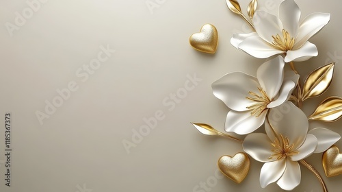 Luxurious composition of white flowers with gold and silver heart ornaments on a minimalist beige background, symbolizing sophistication, elegance, and refined love