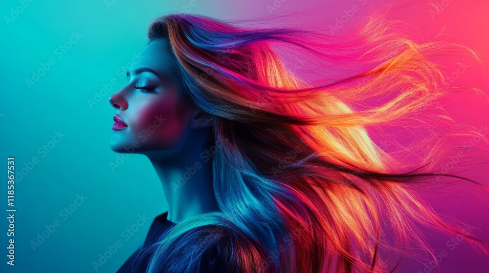 Vibrant Woman with Flowing Colorful Hair in a Studio Setting Vibrant Woman with Flowing Colorful Hair in a Studio Setting