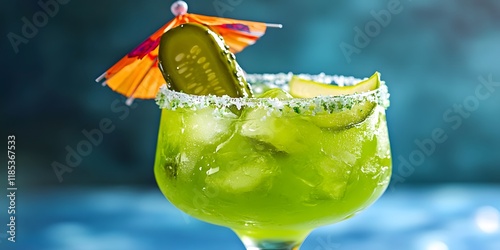 Refreshing Green Cocktail with Cucumber and Lime Garnish, Ice Cubes, Salted Rim, and a Small Umbrella, Photo