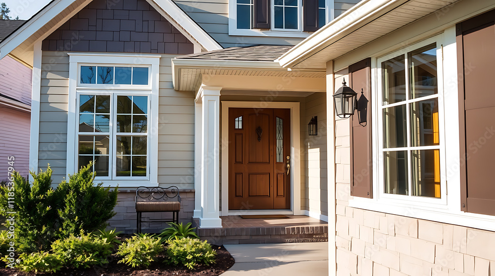 Exterior view of a light beige house with brown accents. Features a brown front door, large windows with white frames, and landscaping. The house has a traditional style. Exterior view of a light beige house with brown accents. Features a brown front door, large windows with white frames, and landscaping. The house has a traditional style.