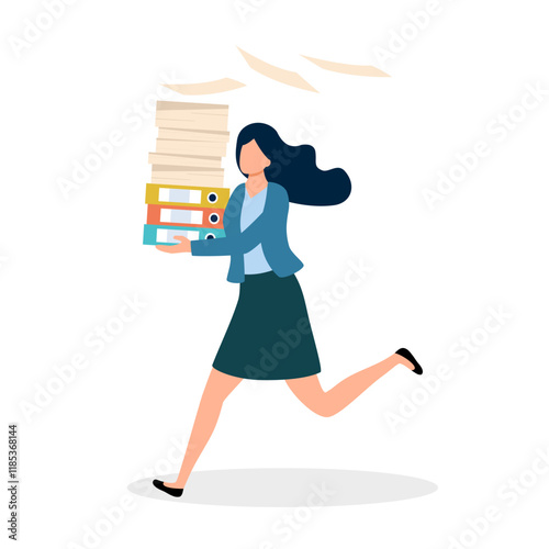 Overworking concept. Office worker with pile of papers and documents is stressed by lot of work and deadlines.