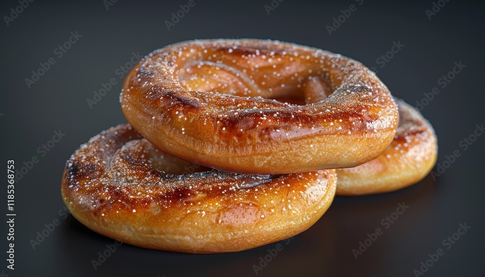 Three freshly baked donuts covered in powdered sugar. Three freshly baked donuts covered in powdered sugar.