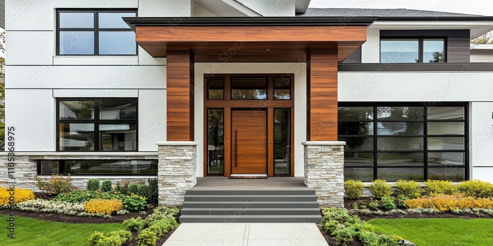 modern house exterior, white siding, wood accents, stone facade, large windows, manicured lawn, landscaped garden, architectural photography, clean lines, contemporary design, residential home, front modern house exterior, white siding, wood accents, stone facade, large windows, manicured lawn, landscaped garden, architectural photography, clean lines, contemporary design, residential home, front