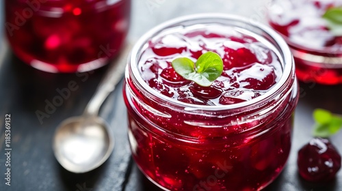 Homemade Cherry Jam in Glass Jar: Sweet Treat photo