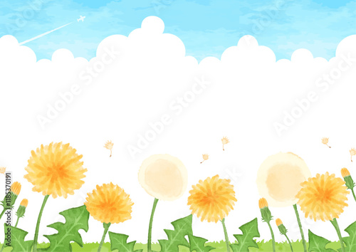 手描きのタンポポと青空の風景イラスト