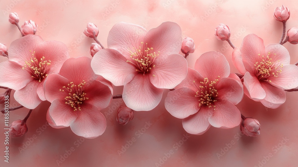 A delicate arrangement of pink cherry blossoms on a soft background. A delicate arrangement of pink cherry blossoms on a soft background.