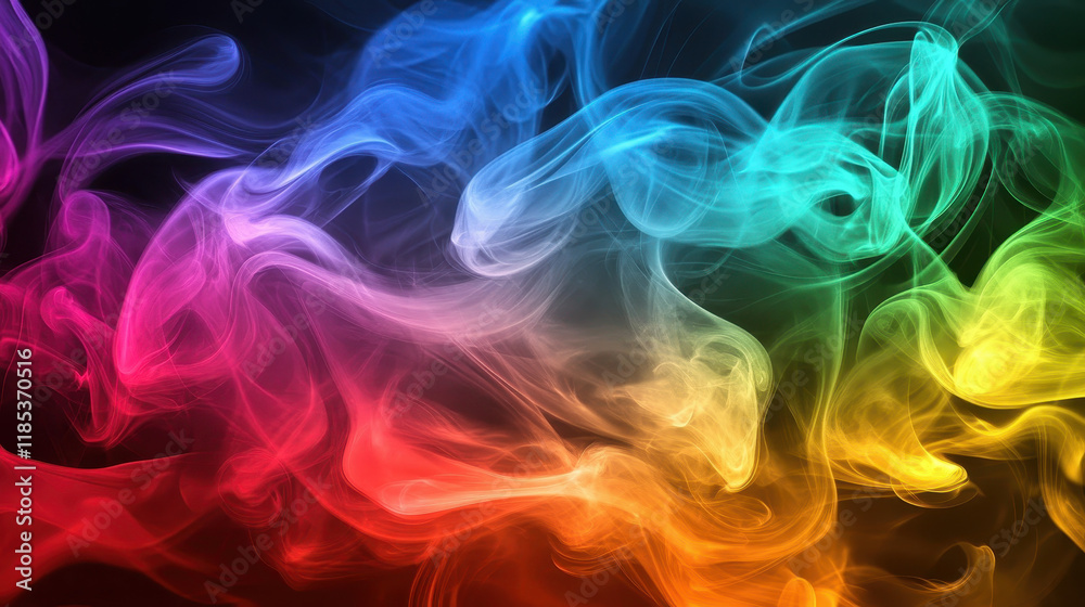 Obraz premium Abstract Smoke Symphony: A captivating abstract illustration featuring vibrant, swirling smoke in a rainbow of colors. This striking design embodies a sense of energy, movement, and fluidity. 