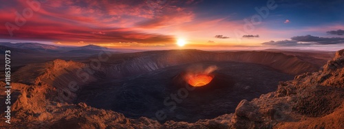 An extraordinary view of a remote volcanic caldera with a glowing lava dome and a rare, vivid solar eclipse casting dramatic shadows over the volcanic landscape, Volcanic caldera scene photo