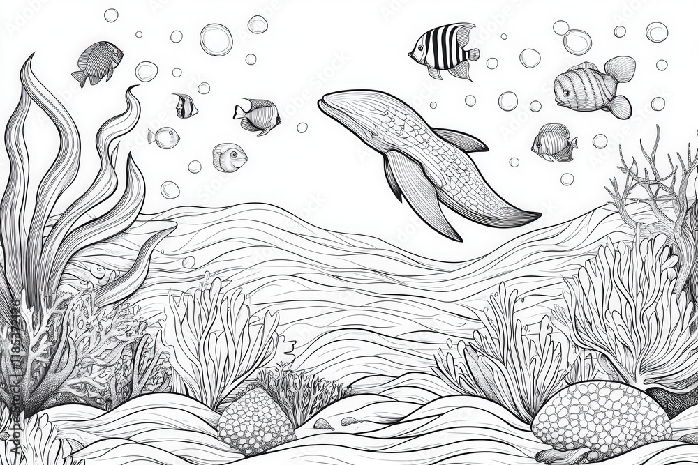 Obraz premium Hand-drawn underwater scene with whale and tropical fish in coral reef