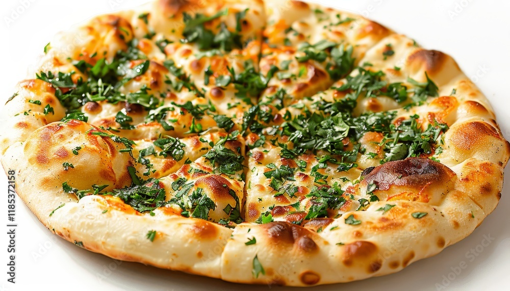 A freshly baked naan bread topped with melted cheese and fresh parsley, sliced into eight pieces. A freshly baked naan bread topped with melted cheese and fresh parsley, sliced into eight pieces.