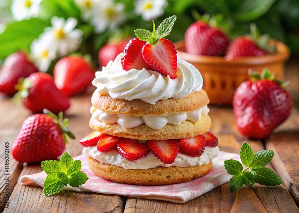 Juicy strawberries on a fluffy shortcake, topped with whipped cream; pure delight. Juicy strawberries on a fluffy shortcake, topped with whipped cream; pure delight.
