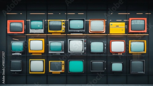 Retro Television Sets Displayed in a Modern Urban Space, Showcasing a Colorful Array of Vintage TV Designs from Various Eras in a Contemporary Exhibition Setting photo