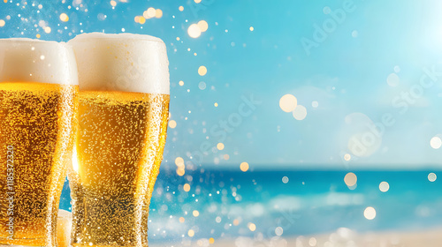Two frosty glasses of beer sparkle in the sun, set against a vibrant beach backdrop, conveying a relaxing summer vibe