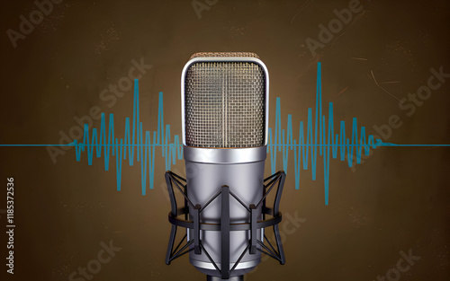 Microphone with sound waves. podcasting and audio recording work. mic with waves. radio podcast broadcasting microphone.