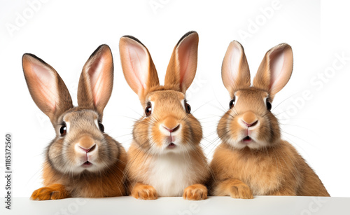 Three rabbits with curious faces wiht hand on a table on white background photo