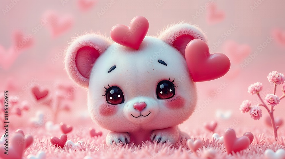 Obraz premium Cute, white, bear-like character with pink heart accents on its head is shown in a field of pink hearts