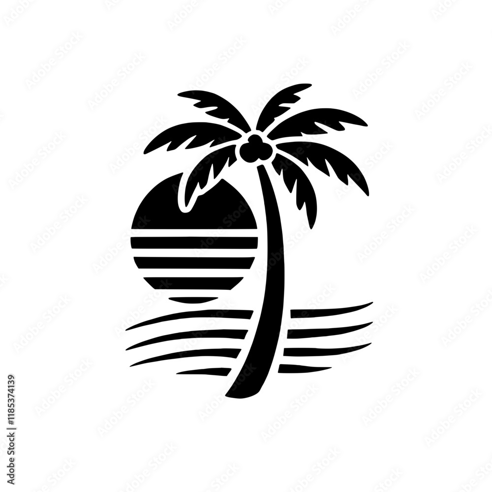Fototapeta premium Tropical Sunset Palm Tree Icon