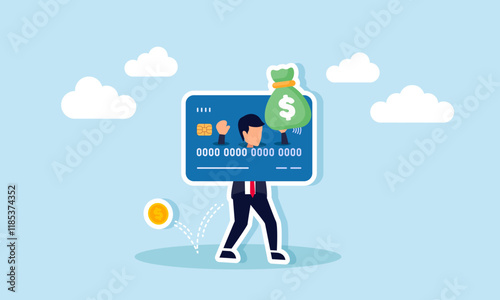A businessman carries a sack of money stuck on a debit or credit card with dollar coins falling from his pocket, illustration of financial assets seized and reduced due to debt burden