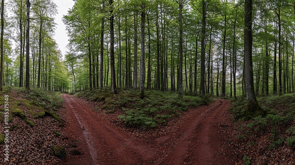A serene forest scene showing a fork in the path surrounded by lush greenery. A serene forest scene showing a fork in the path surrounded by lush greenery.