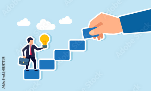 Businessman holding a lamp intending to climb stairs arranged by a hand, illustration of step-by-step business career growth fueled by creativity, ideas, and innovation