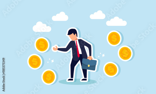 Businessman saluting several dollar coins surrounding him, illustration of happiness from multiple business projects that successfully boost business profits