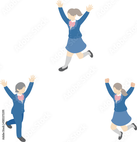 アイソメトリック　人物　女性　学生　キッズ　ジャンプ　多様性　イラスト素材セット