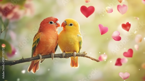 49. A pair of lovebirds sitting on a branch with heart-shaped rose petals falling around them photo