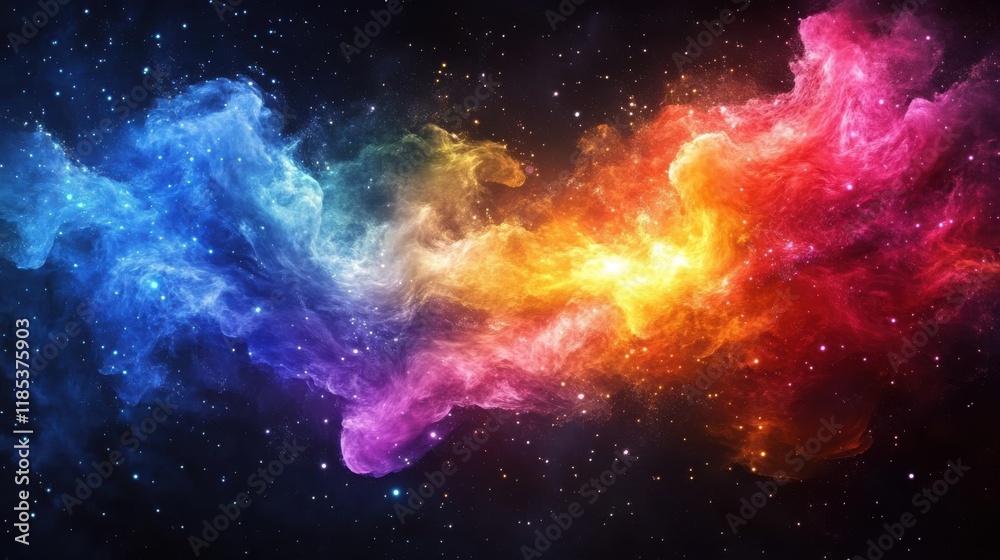 Naklejka premium A vibrant cosmic nebula showcasing colorful gas and dust in space.