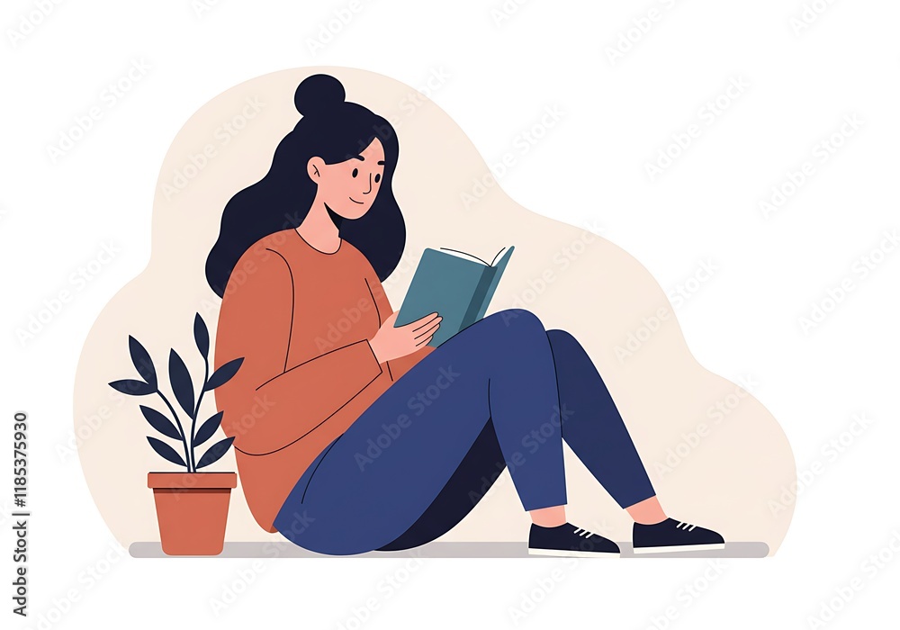 Happy woman sits and reads the book with enjoy and interest. The girl keeps her diary or takes notes. Book therapy session. Mental health concept. Vector illustration Happy woman sits and reads the book with enjoy and interest. The girl keeps her diary or takes notes. Book therapy session. Mental health concept. Vector illustration
