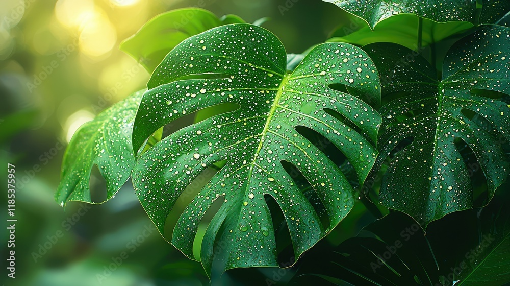 Obraz premium Lush Green Monstera Leaves Glistening With Dew Drops