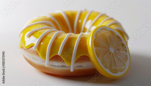 A close-up of a yellow glazed donut with white icing and a lemon slice on a white background. photo