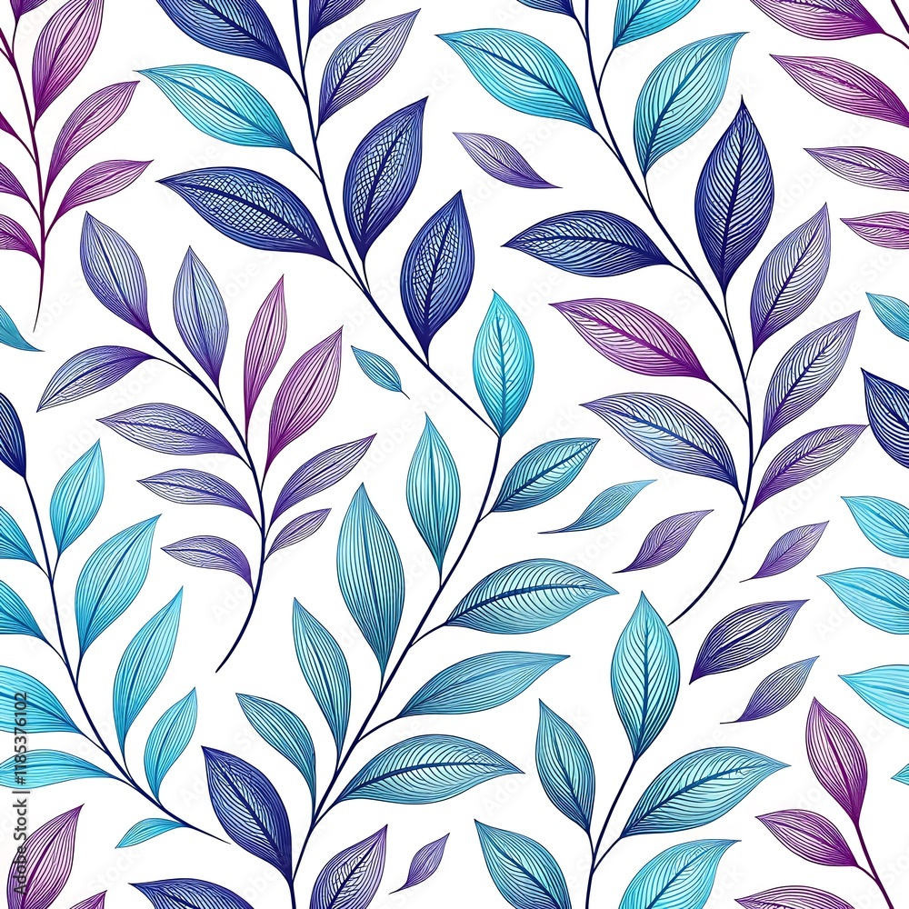 Elegant leaf pattern with gradient tones, Stylish botanical pattern featuring gradient-toned leaves in shades of blue and purple on a white background, perfect for decor and textiles.  

