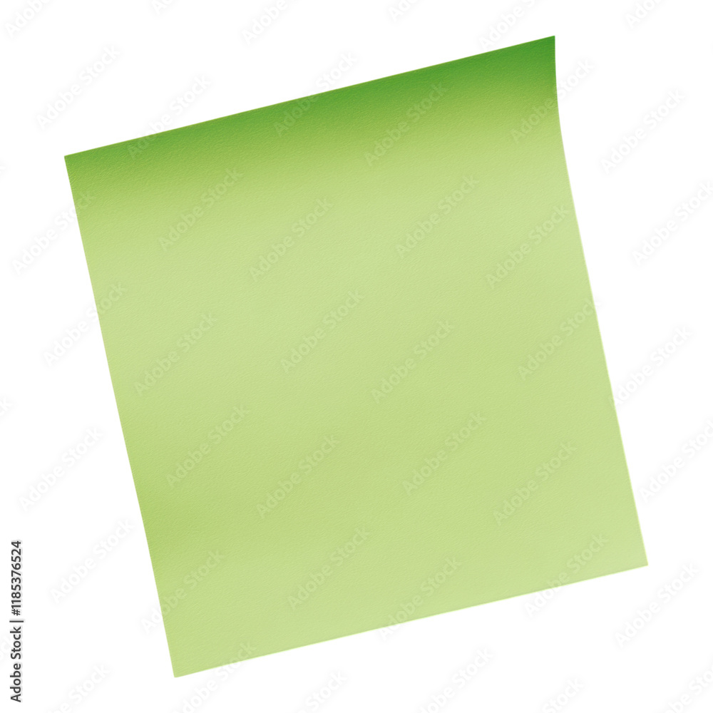 Green sticky note paper with a transparent background, perfect for digital editing and note-taking applications.