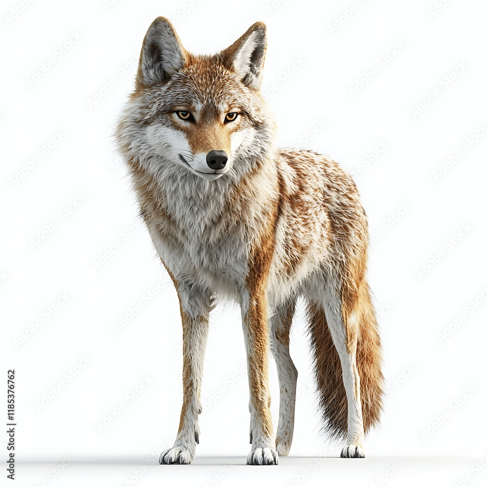 Fototapeta premium A Striking Portrait of a Coyote Standing Against a White Background.