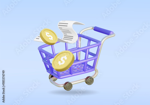 3D vector render illustration of purple shopping cart icon With money coins, dollar signs and receipts which shows spending, payments, purchasing products or financial management on a blue background