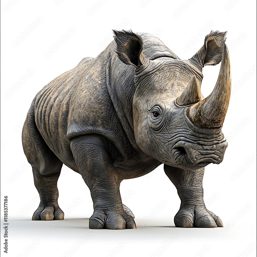 Fototapeta premium A Powerful 3D Render of a Rhinoceros Standing Against a White Background.