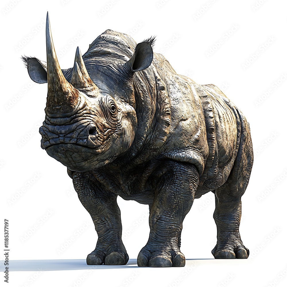 Fototapeta premium Powerful Rhinoceros Standing Isolated on White Background.