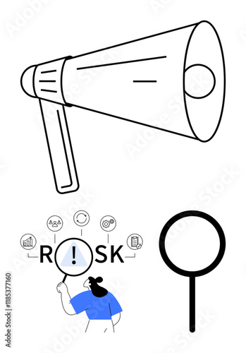 Large megaphone, magnifying glass, and person examining Risk text with icons representing communication, analysis, and decision-making. Ideal for strategy, awareness, research, problem-solving