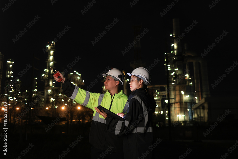 Obraz premium Male and female chemical engineers working with laptops of gas refinery plant and refinery oil factory industry at night