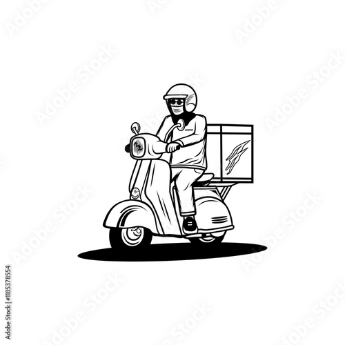motor scooter rider delivers packages black and white vector line art